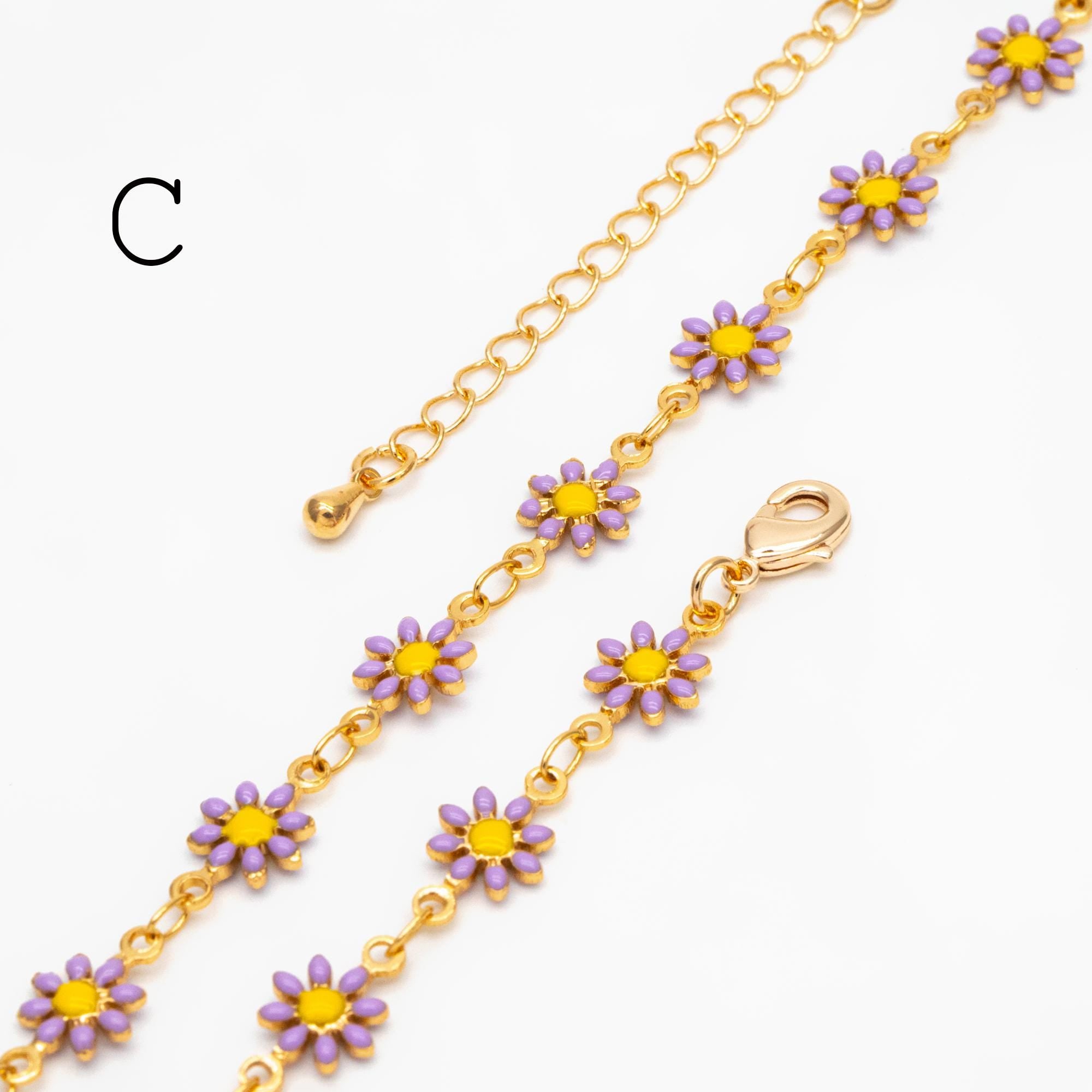 Gold Enamel Flower Chain, White Daisy Chain, Finished Bracelet/ Anklet/ Necklace with Extender Chain, Ready to Wear (#LK-578-1)